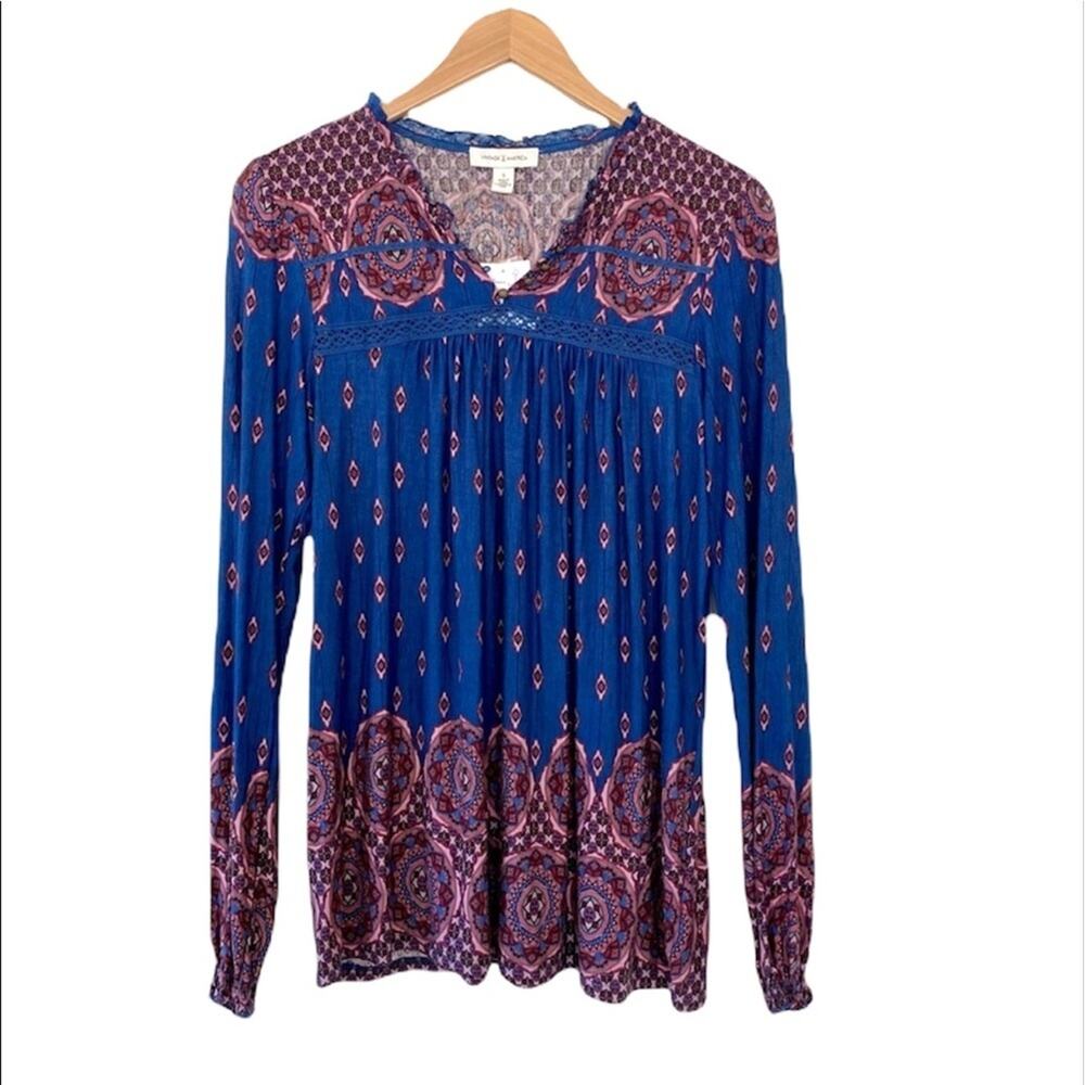 Vintage America blue crochet pleated peasant long sleeve top size small NEW